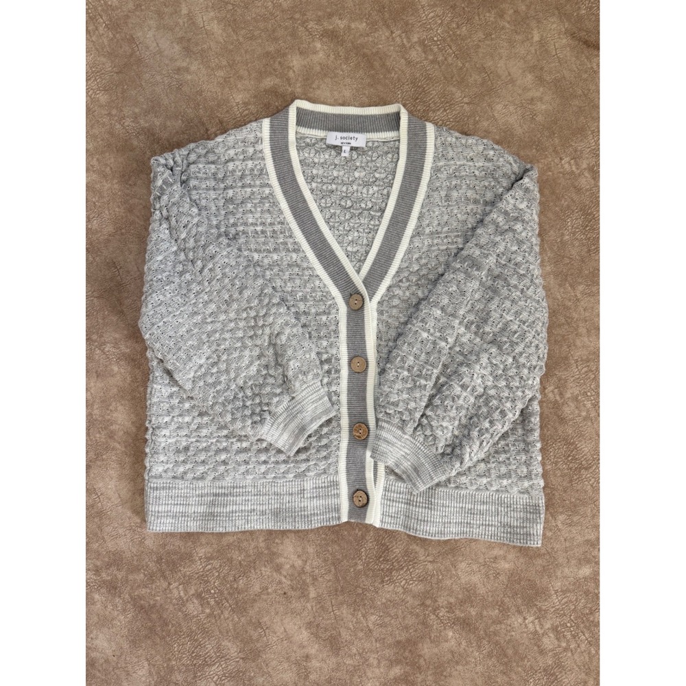 J. Society New York Grey Popcorn Knit Cotton Button Front Cardigan Sweater L